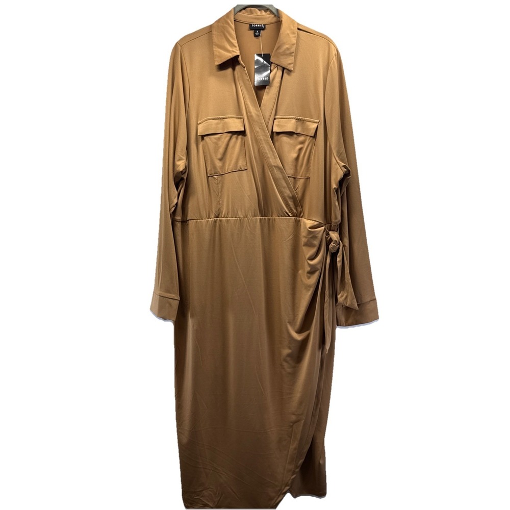 Torrid Midi Dress Sz 3X Brown Slinky Stretch‎ V Neck Faux Wrap Side Tie Side Tie